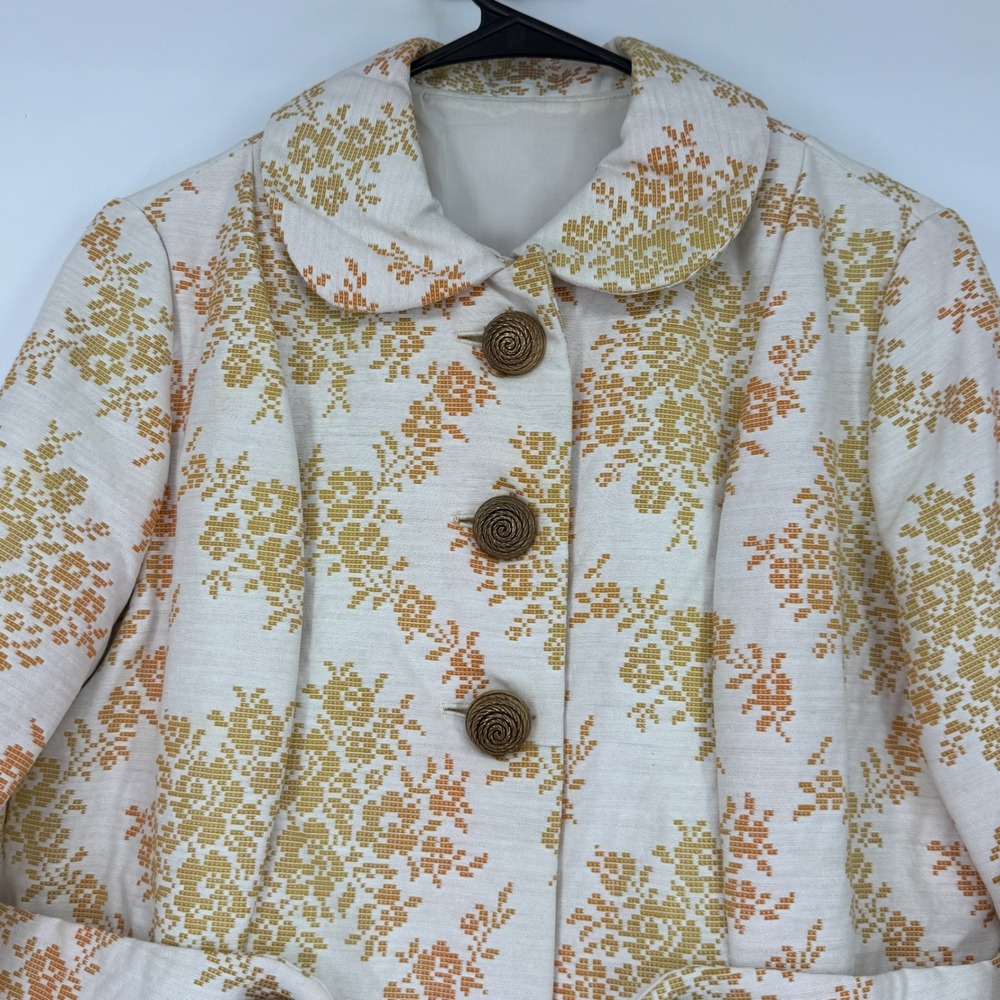 Vintage 60s Floral Brocade Mid Length Coat Orange Yellow Peter Pan Collar Mod - Picture 3 of 5